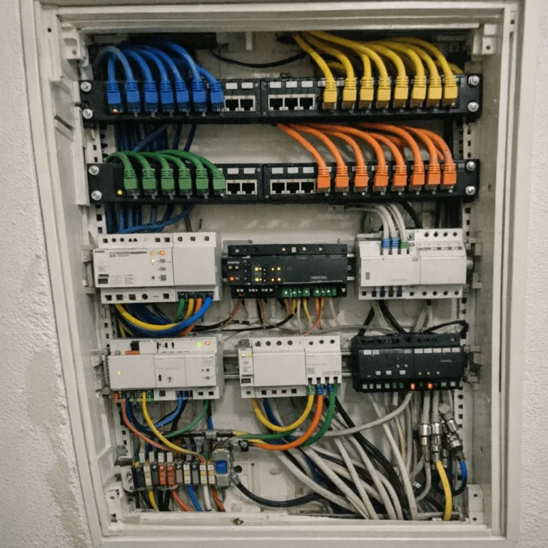 Techniker verbindet Netzwerkdose und Stromanschluss in modernem Arbeitszimmer