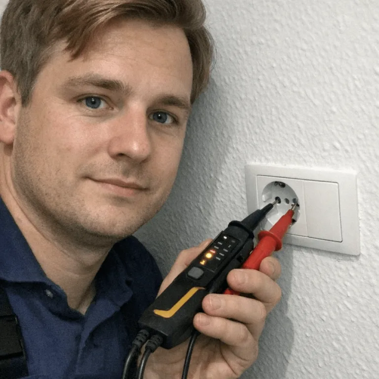 Elektriker misst Schutzleiter und Spannung an einer Steckdose